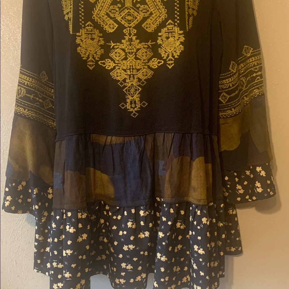 Calessa S Black Gold Navy Brown Embroidered Ruffled Multi-pattern Tunic - Picture 5 of 8